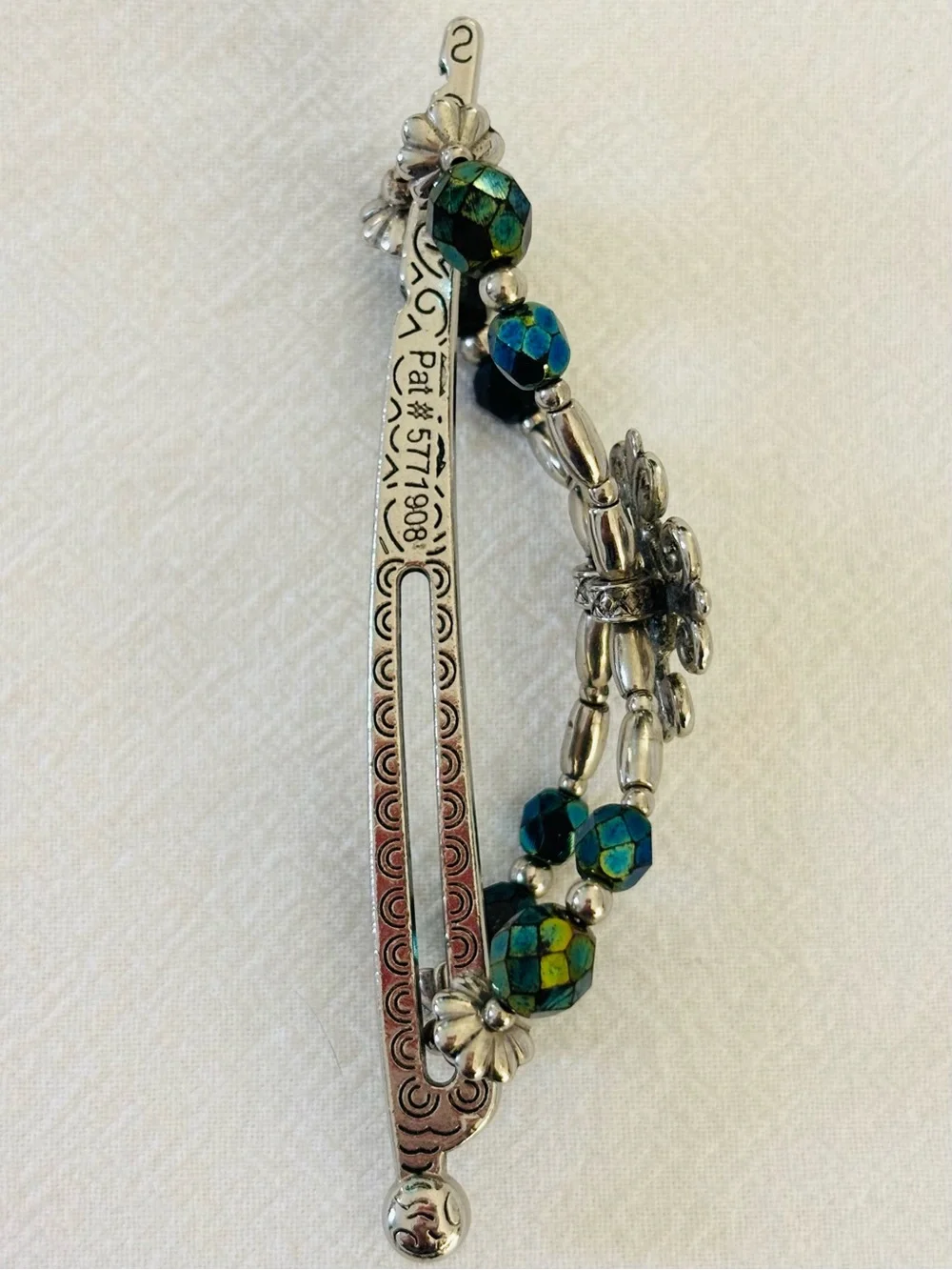 Lilla Rose Silver Teal Green Beaded Celtic Filigree Flexi Clip Hair Slide